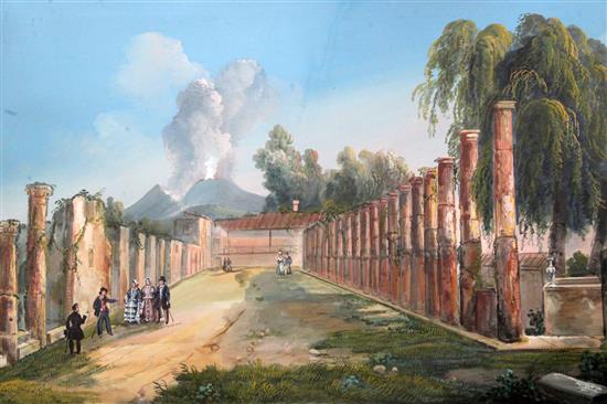 Neapolitan School Doric columns near the theatre, Pompeii, with strolling figures overall 19.5 x 28in.